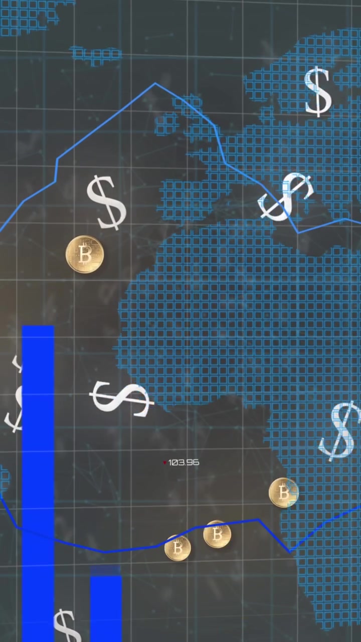 Animation of american dollar signs and blue lines statistics with world map