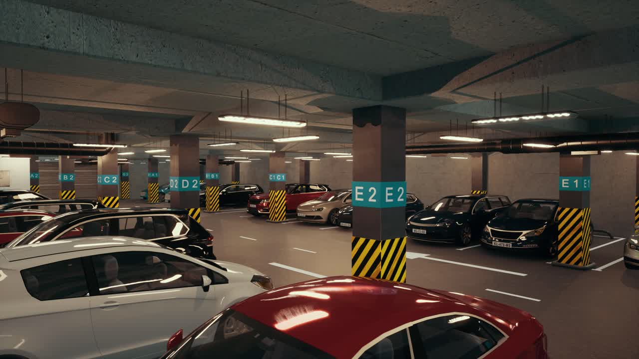 Underground parking with cars. Modern underground parking. Indoor full modern parking