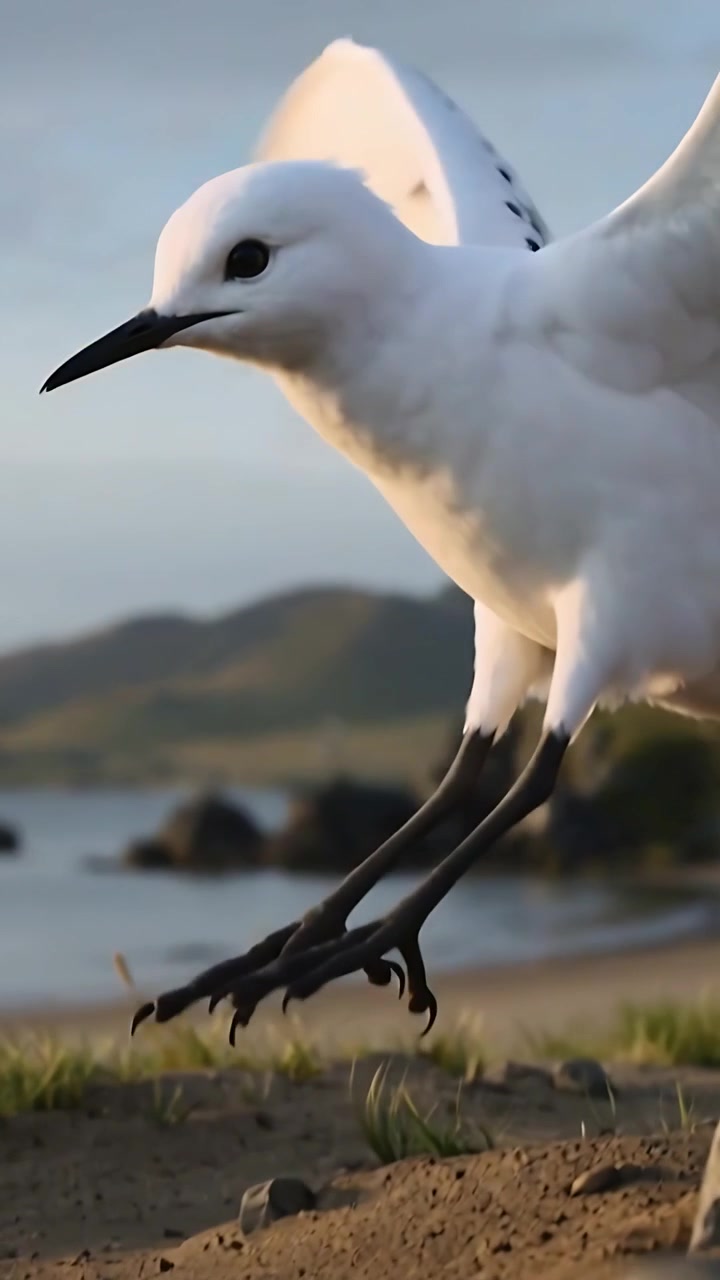 Video verticale: Uccello marino bianco che plana guidato dalla brezza, allungando le zampe e atterrando sulla sabbia per riposare