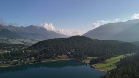 stunning aerial view of an alpine lake surrounded by mountains