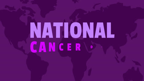 Animación-Del-Texto-Del-Día-Nacional-Del-Cáncer-Y-Mapa-Mundial-Sobre-Fondo-Morado