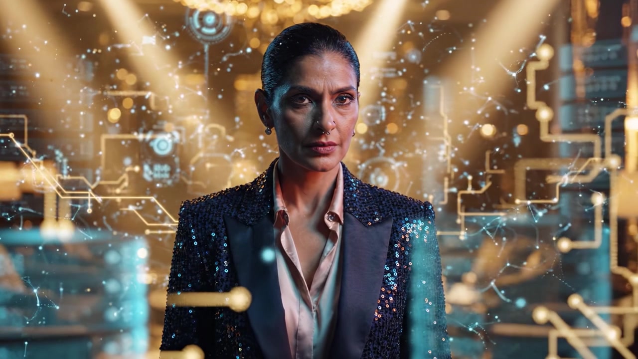 Eine selbstbewusste Frau steht gelassen in einer luxuriösen Umgebung, strahlt Eleganz und Stärke aus, umgeben von moderner Technologie und funkelnden Lichtern, eine fesselnde Figur der Ermächtigung.