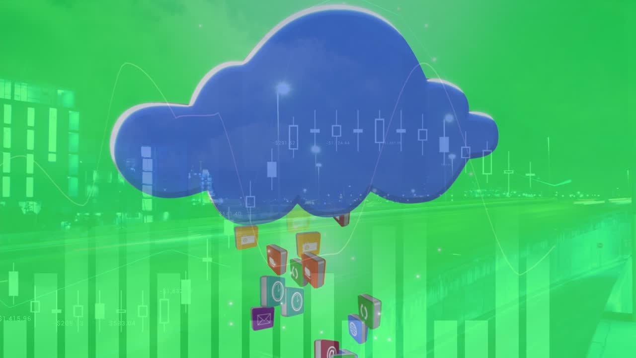 Animation of data processing and media icons over cityscape