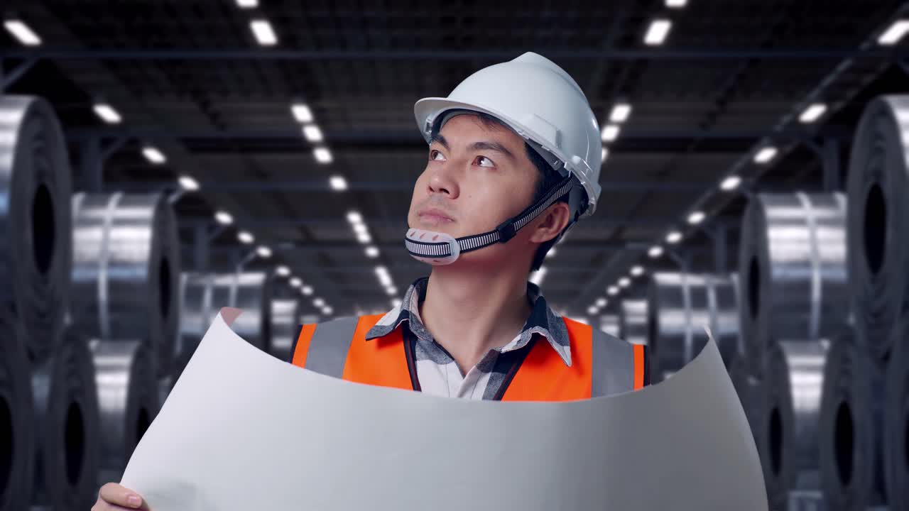 Close Up Of Asian Male Engineer With Safety Helmet Looking At Blueprint In His Hands And Looking Around While Standing with Stacks of Huge Metal Steel Coils