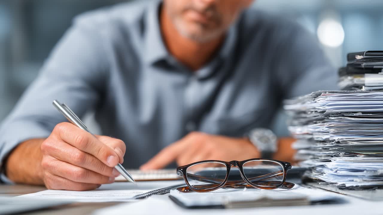 Focused Professional Engaged in Detailed Work with Papers and Glasses, Highlighting the Importance of Organization and Productivity in a Modern Office Environment