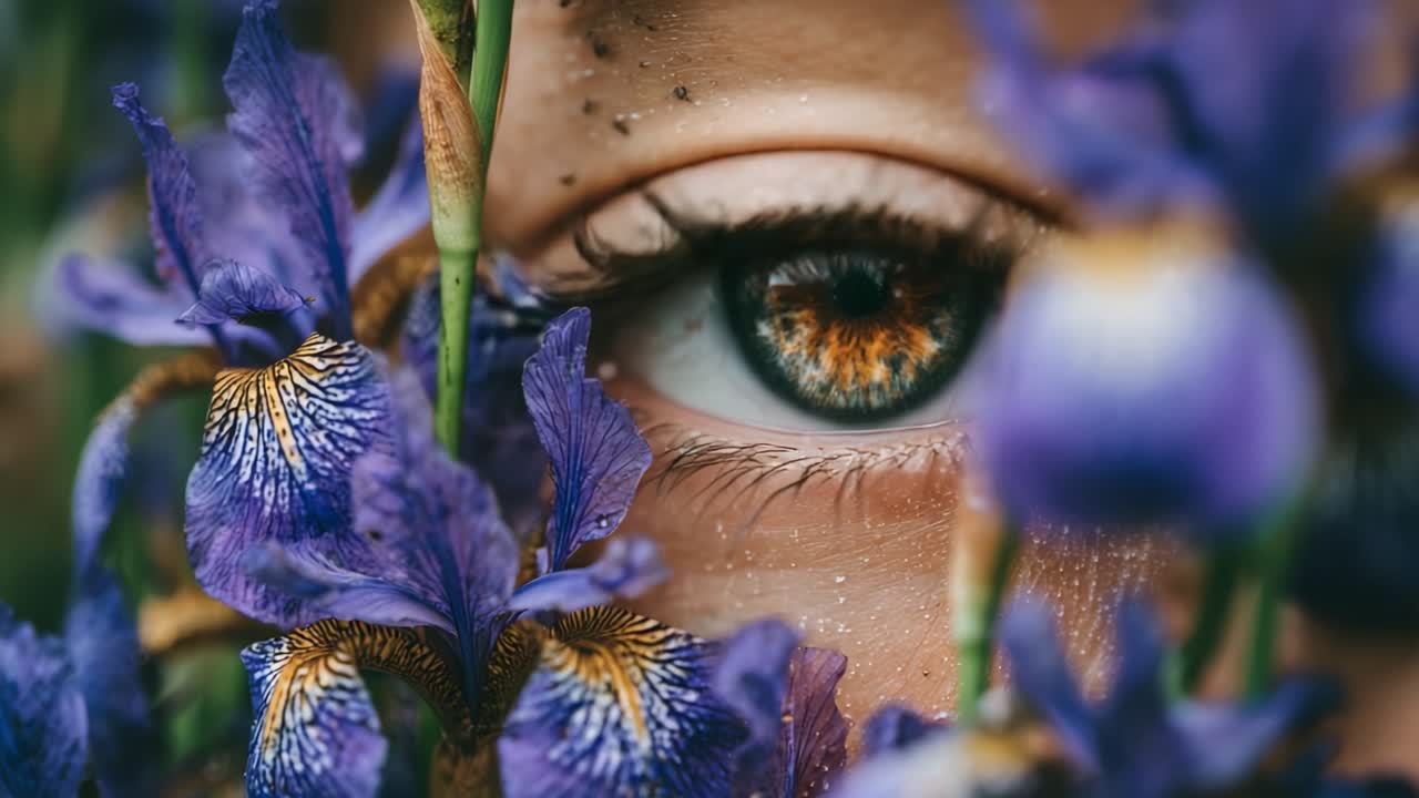 A Captivating Close-Up of an Eye Surrounded by Lush Purple Flowers, Revealing Nature's Beauty and Intricate Details in Soft Natural Light