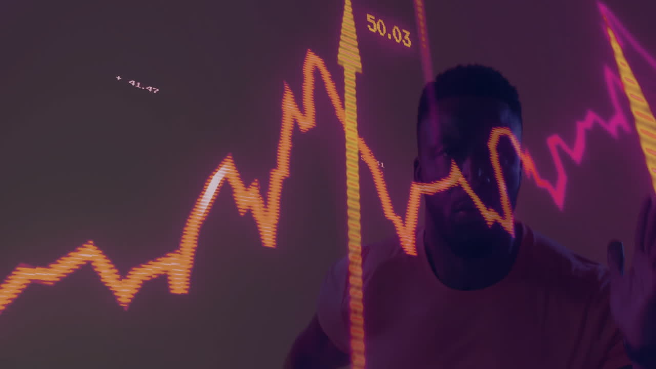 man studying neon financial chart lines in studio, interacting with upward arrow and pink traces