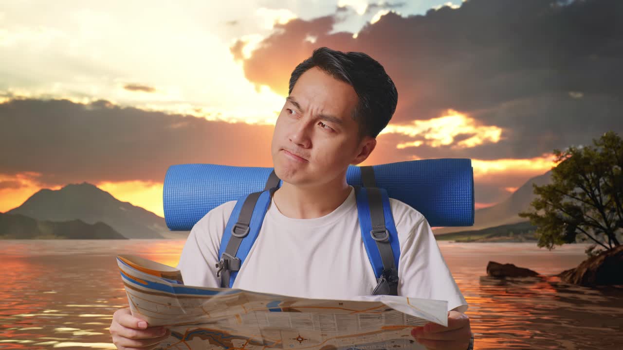 Close Up Of Asian Male Hiker With Mountaineering Backpack Looking At The Map Then Looking Around At A Lake