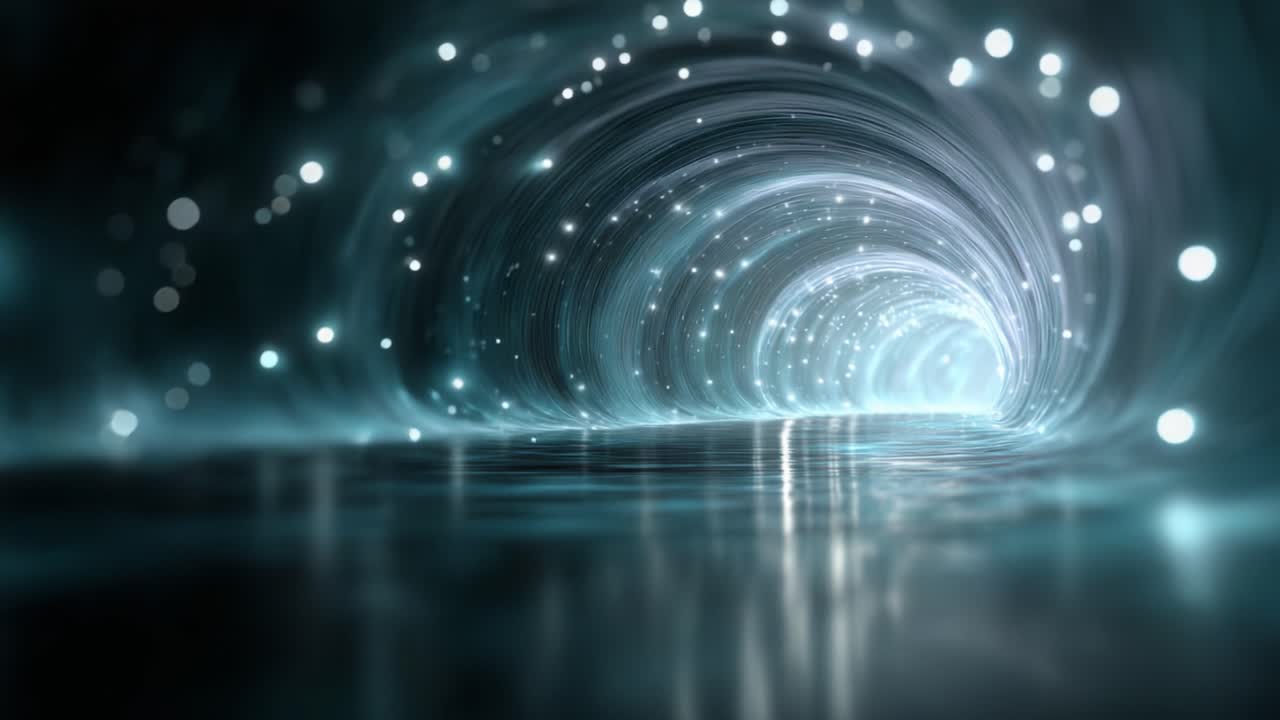 An Enchanting Light Tunnel of Glowing Particles and Reflections in a Mystical Space, Evoking a Sense of Depth and Wonder in a Surreal Environment