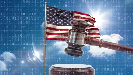Animation-of-data-processing-over-flag-of-usa-and-gavel