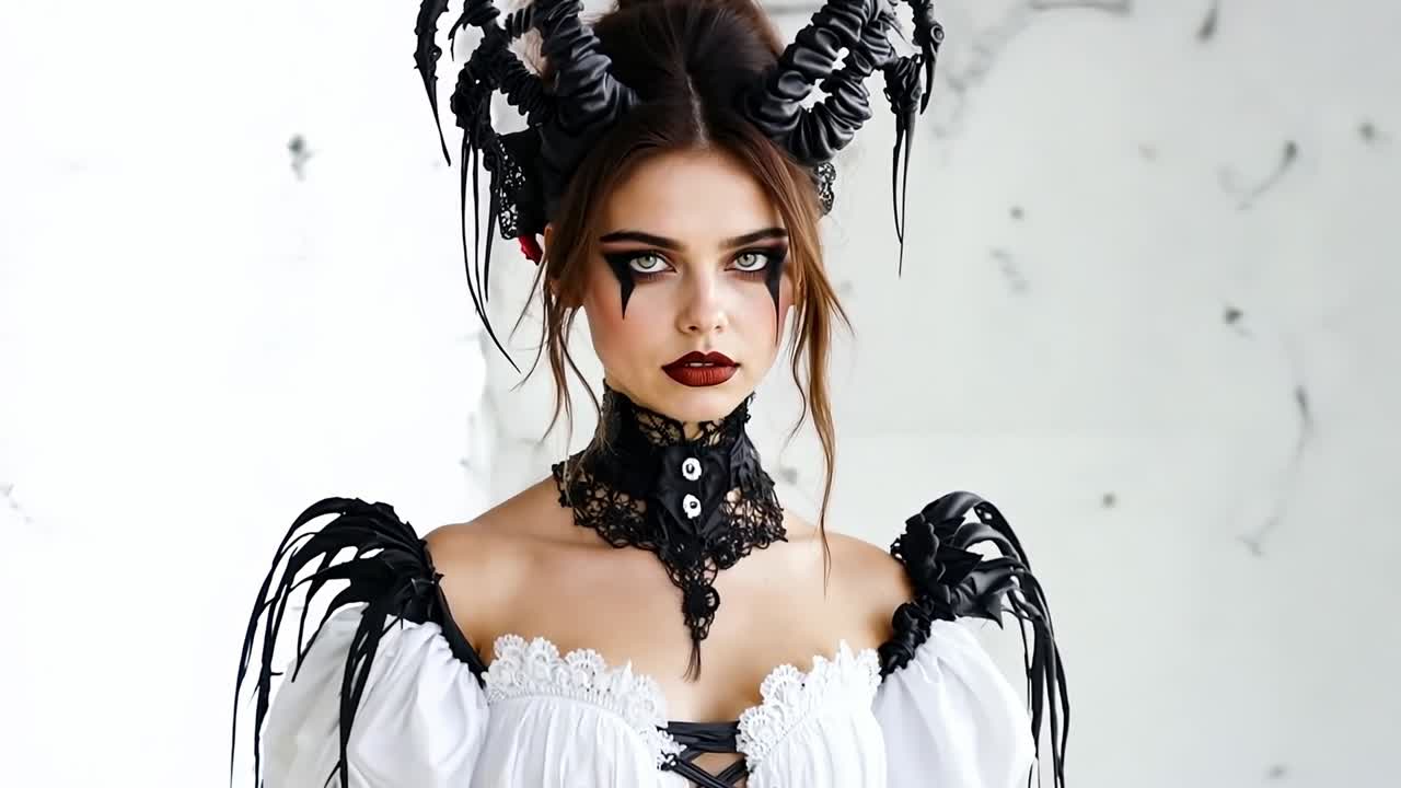 женщина в белом платье с рогами на голове