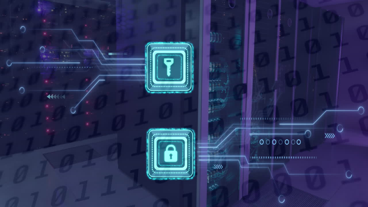 Animation of online security padlock and key, binary coding over computer motherboard