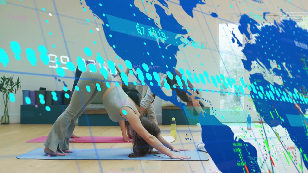 Coach cueing class moving downdog in yoga helping blue overlays sweeping over group measuring pose