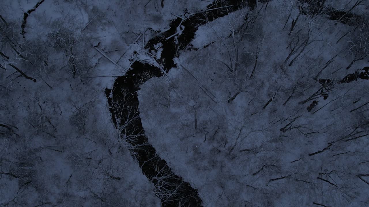 imágenes de video de drones aéreos de arriba hacia abajo de un hermoso arroyo de bosque nevado y bosque por la noche
