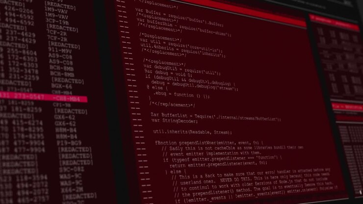 Animation der Datenverarbeitung auf roten Computerbildschirmen
