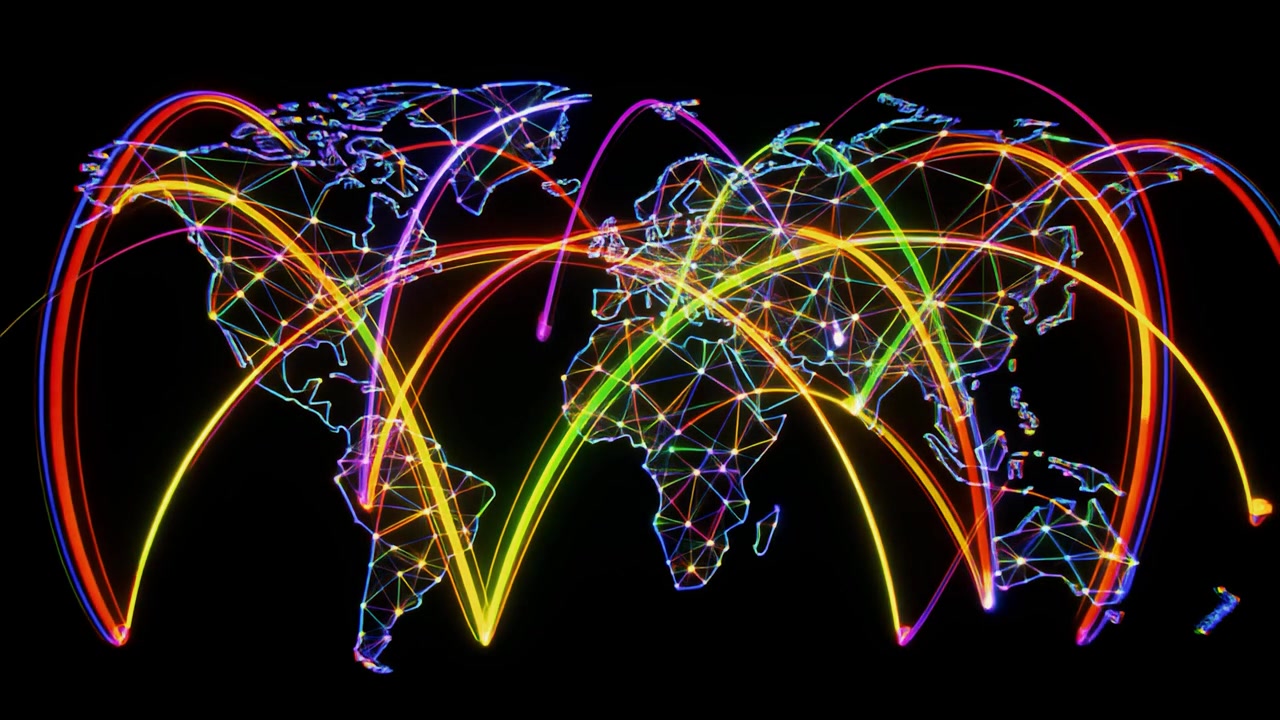 Digital World Map with Glowing Network Connections and Data Flow