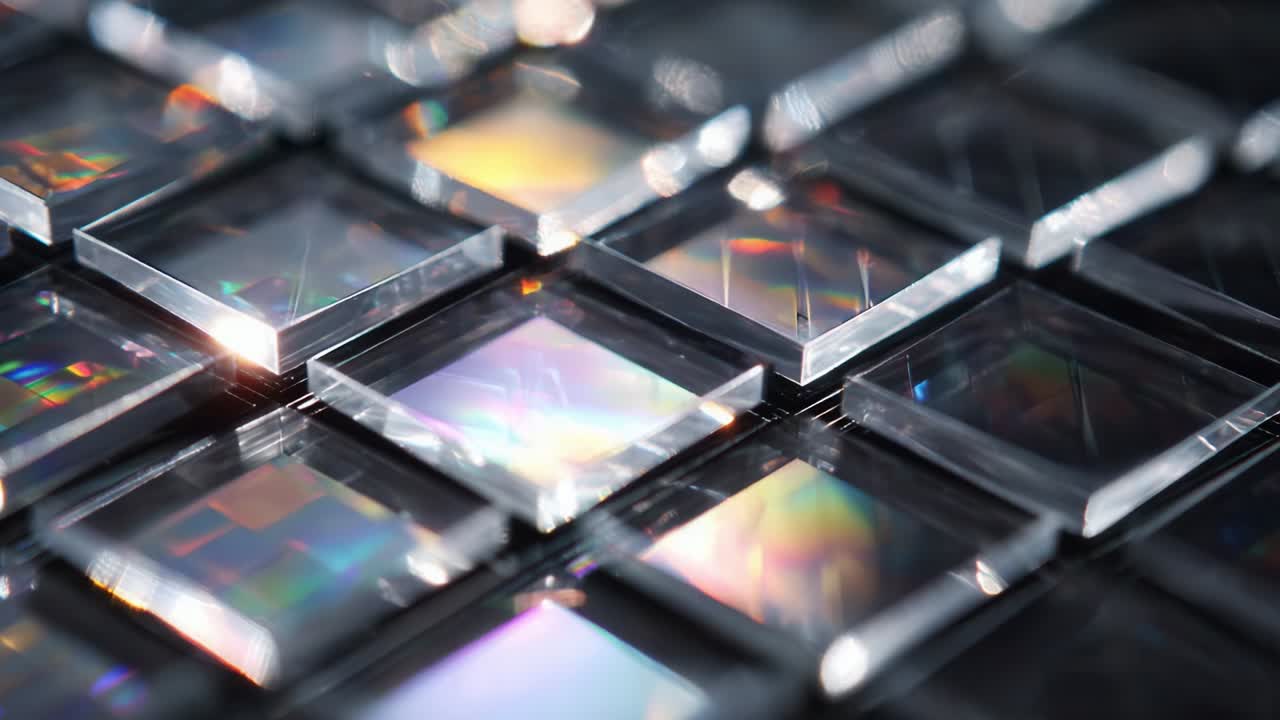 A mesmerizing close-up view of reflective optical elements arranged in a grid pattern, showcasing their intricate surface designs and vibrant color patterns, as they capture and refract light dynamically