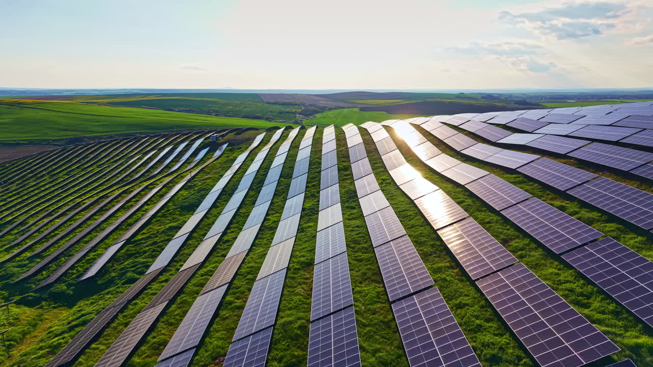 Solpaneler dækker en bakkeskråning i en stor vedvarende energipark i solrigt vejr med en klar blå himmel og marker i det fjerne.