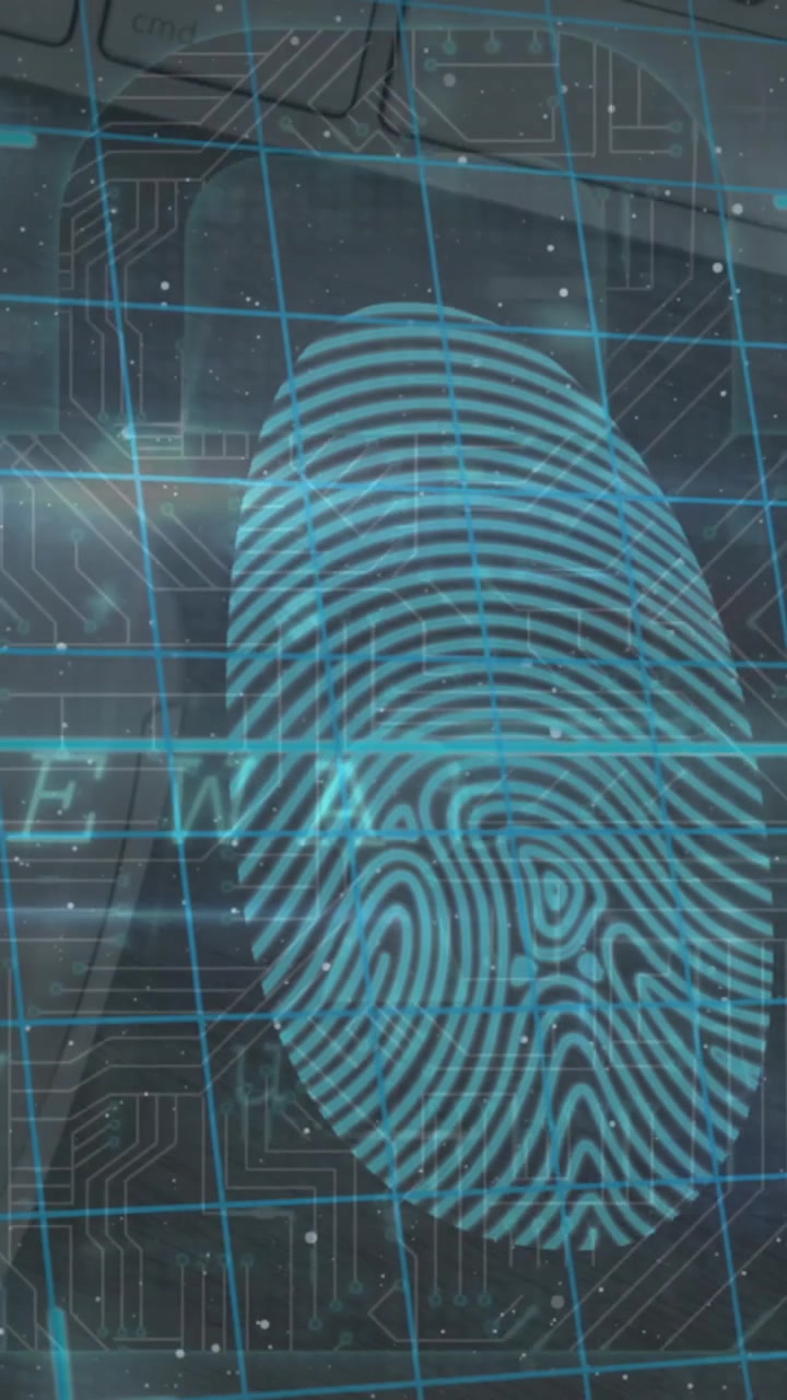 Animation of warning data processing, online security biometric fingerprint
