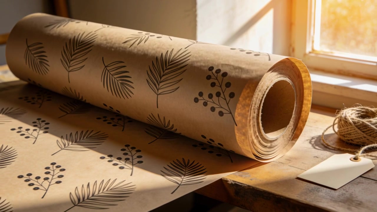 Shifting sunlight causing kraft roll loosening, revealing leaf print on worn table with twine, tag