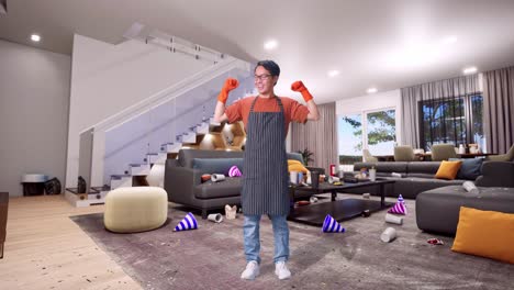 full body of asian male housekeeper with an apron showing her biceps while standing in house