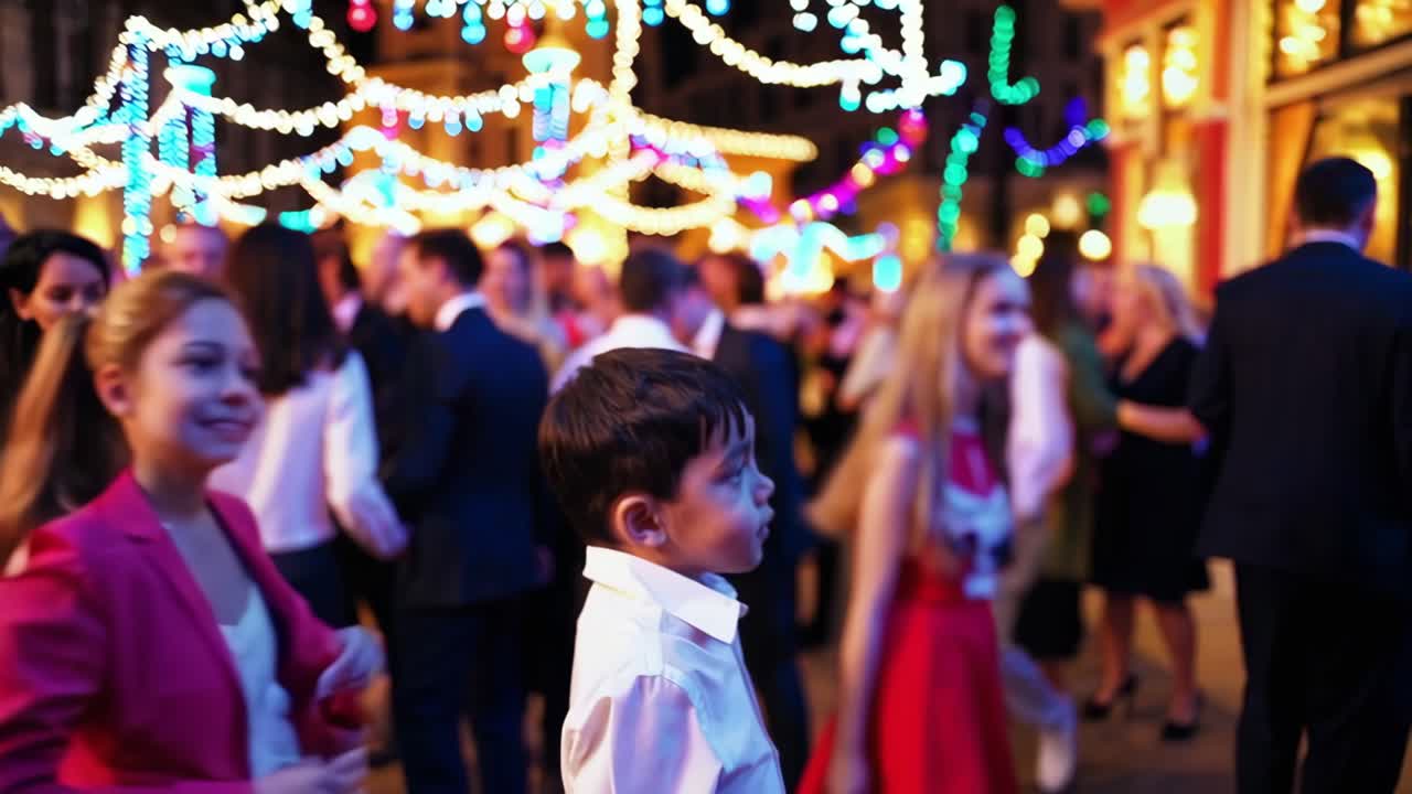 Child observing adults dancing joyfully at a vibrant night party on the street, surrounded by colorful string lights, creating a lively and festive atmosphere filled with celebration