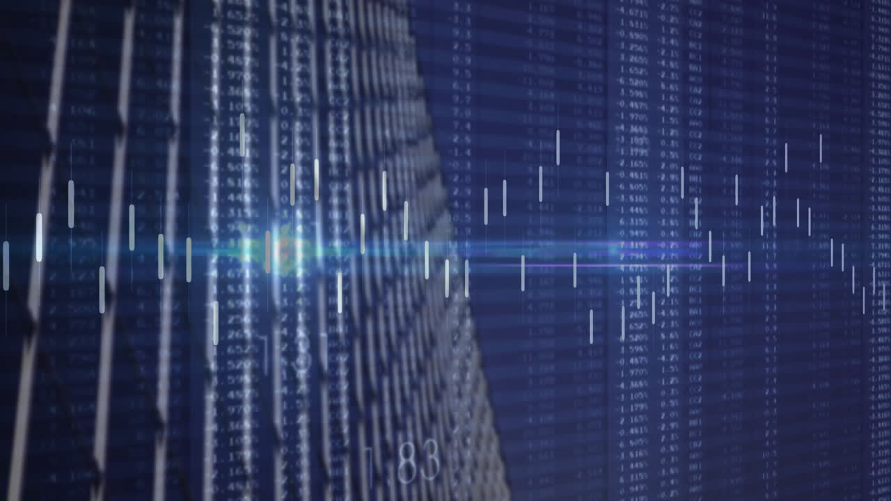 animación del procesamiento de datos financieros sobre el paisaje urbano