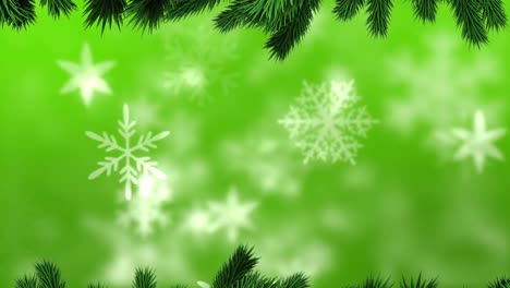 animación digital de ramas verdes contra copos de nieve que se mueven contra un fondo verde