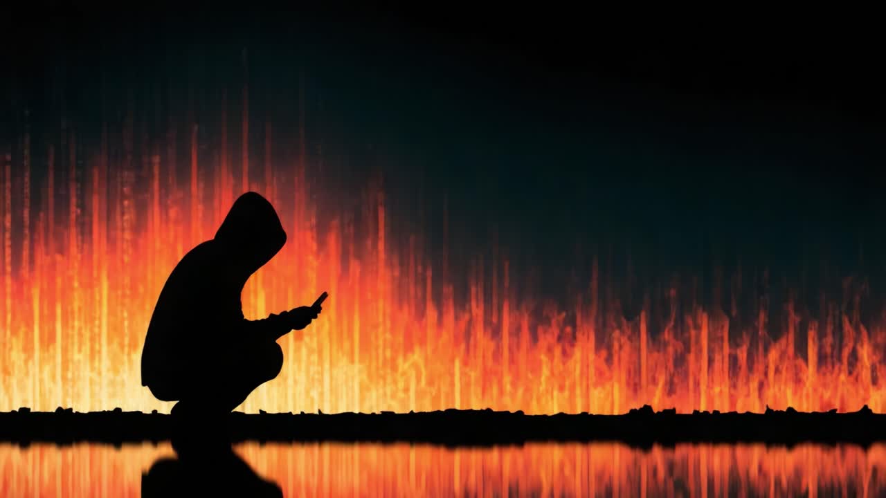 A hooded figure kneels amidst a fiery digital landscape, engaged with a device, symbolizing the intersection of technology and chaos, as flames flicker against a backdrop of binary codes