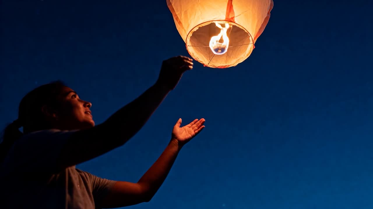Fiamma che scalda il combustibile, donna in maglietta che stabilizza e lancia in alto una lanterna di carta al tramonto, con spazio per il testo.