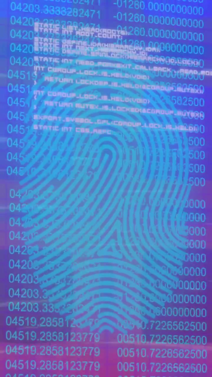 Animation of biometric fingerprint and digital data processing over screens