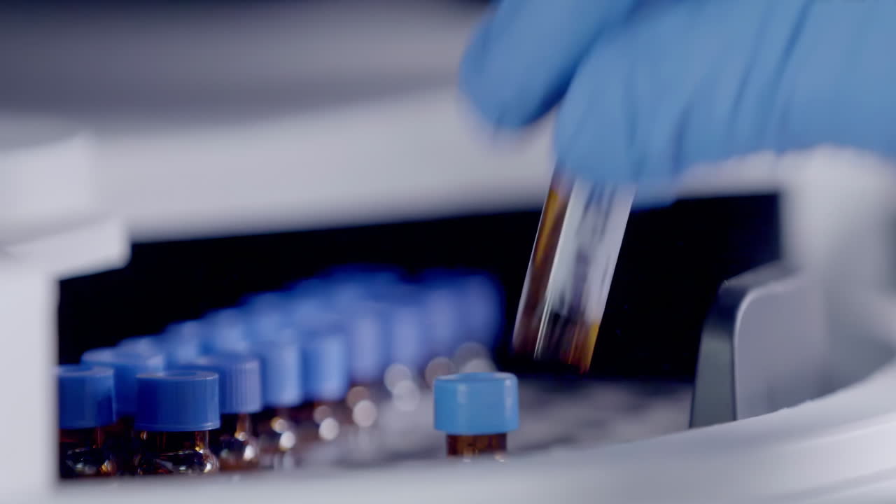 Scientist or technician loading tissue culture flask sample to centrifuge machine to analyzing. Advanced research lab with modern equipment. Drug vaccine development in professional biotechnology lab