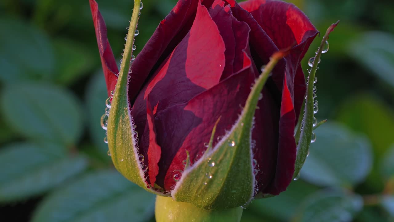 Close-up video of a red rosebud with dewdrops, captured at eye level