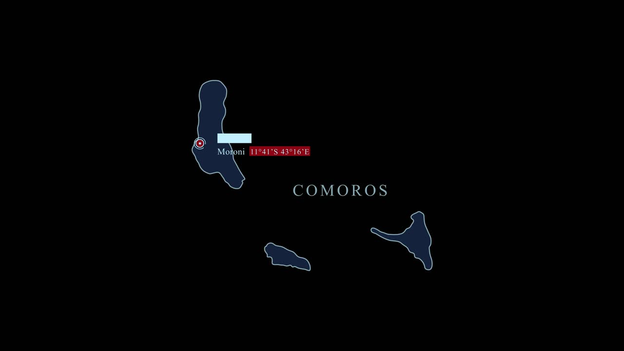 Comoros islands blue map with Moroni capital city and geographic coordinates on black background