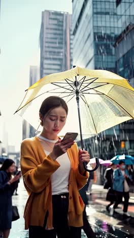 young asian woman with umbrella strolling under the rain.