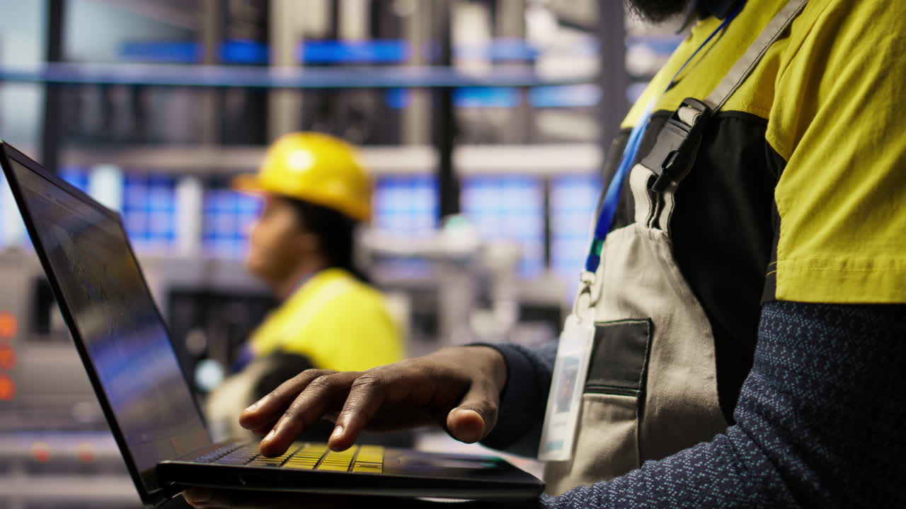 Vertical video Engineer in smart factory oversees robotic assembly lines using laptop software