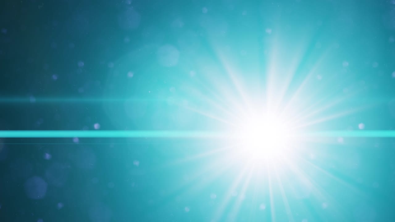 Bright Light with Lens Flare and Bokeh Particles on Teal Background