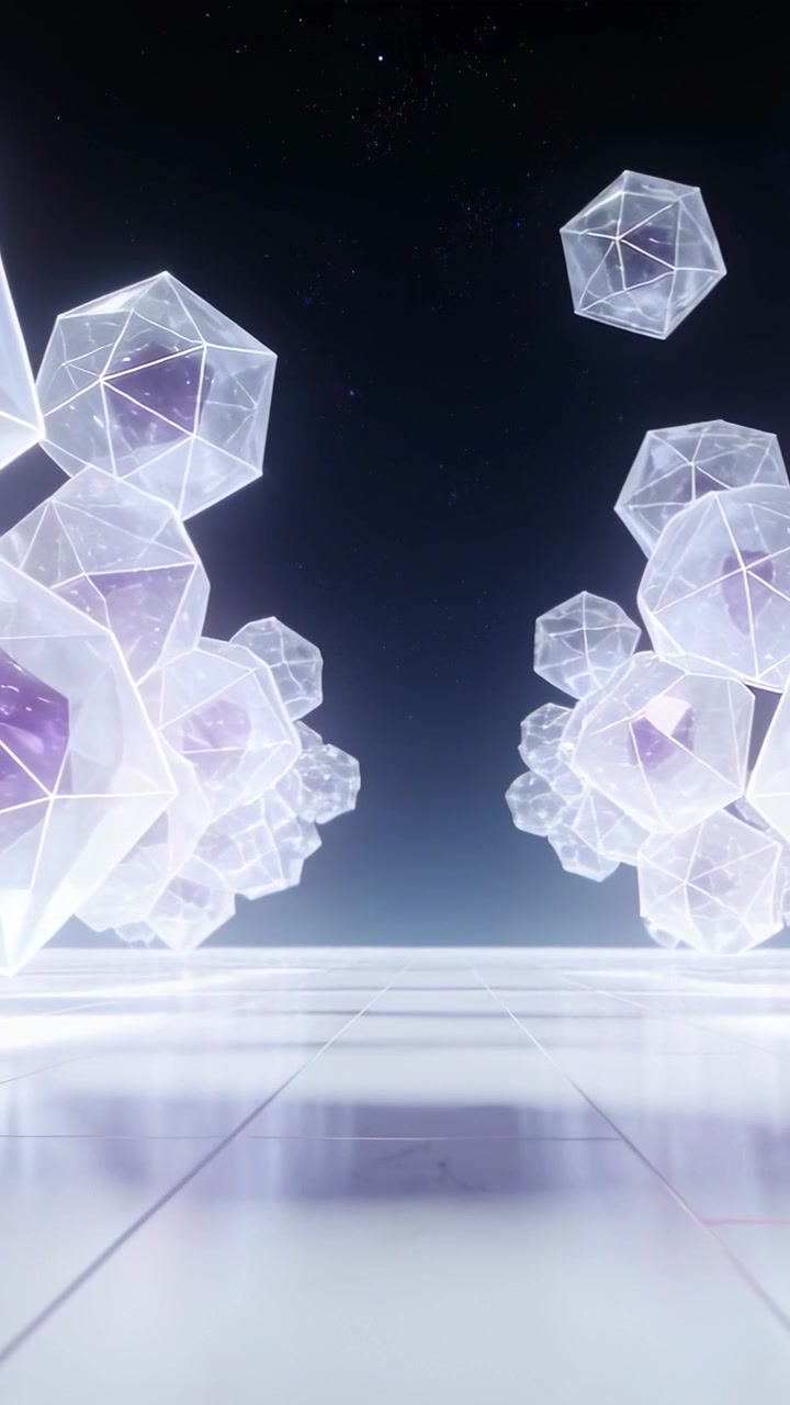 Vertical video: Moving view making twin clusters rotating glowing on shiny floor showing center gem