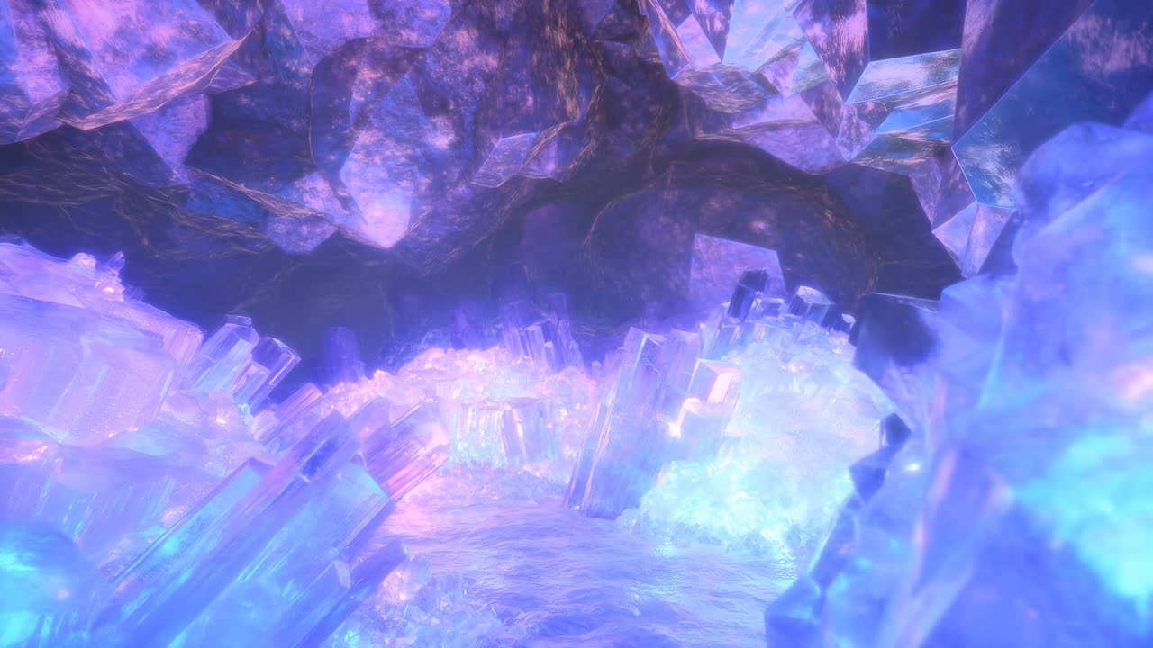 Interior de caverna de cristal brilhante, com iluminação neon, formações de geodos cintilantes e prismas translúcidos emitindo azul-celeste.