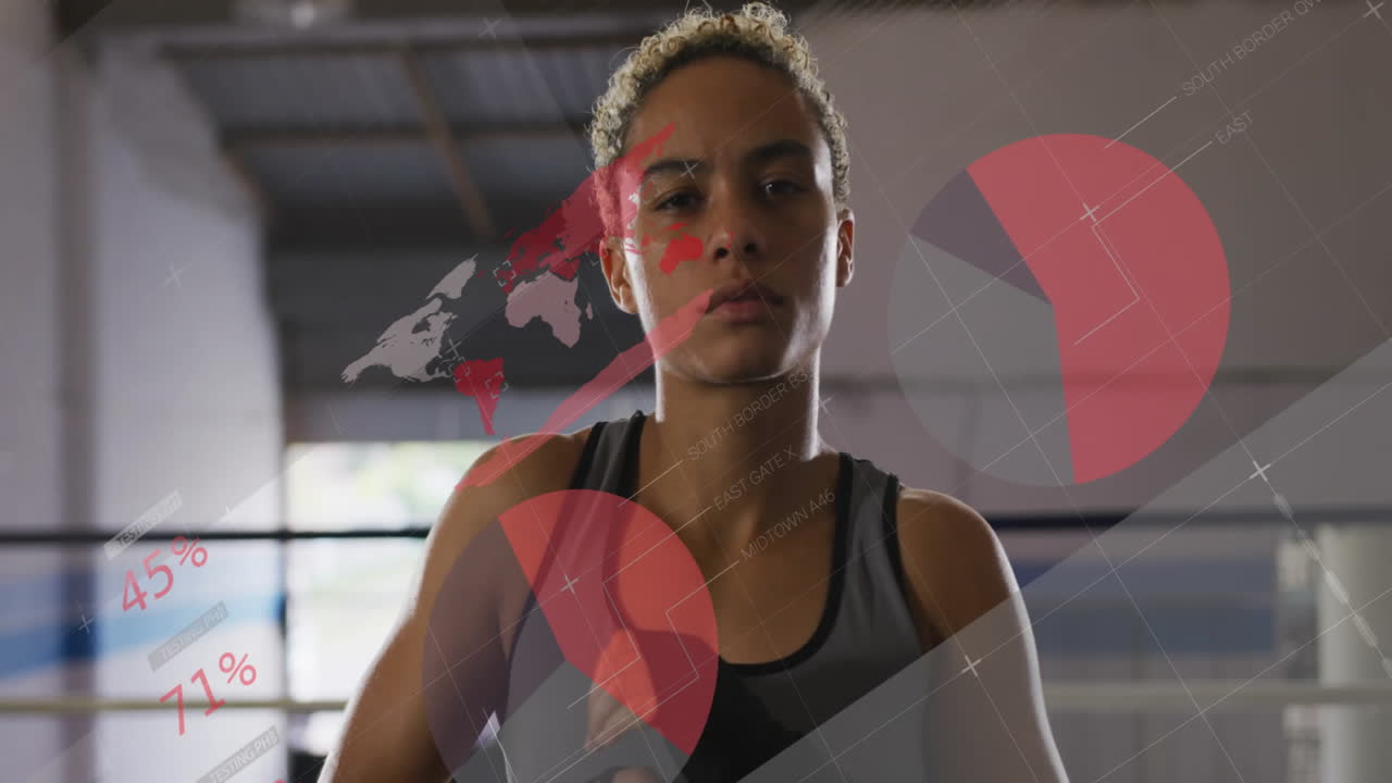 Woman wrapping hands in boxing ring, showing fitness tech biometric data and performance charts