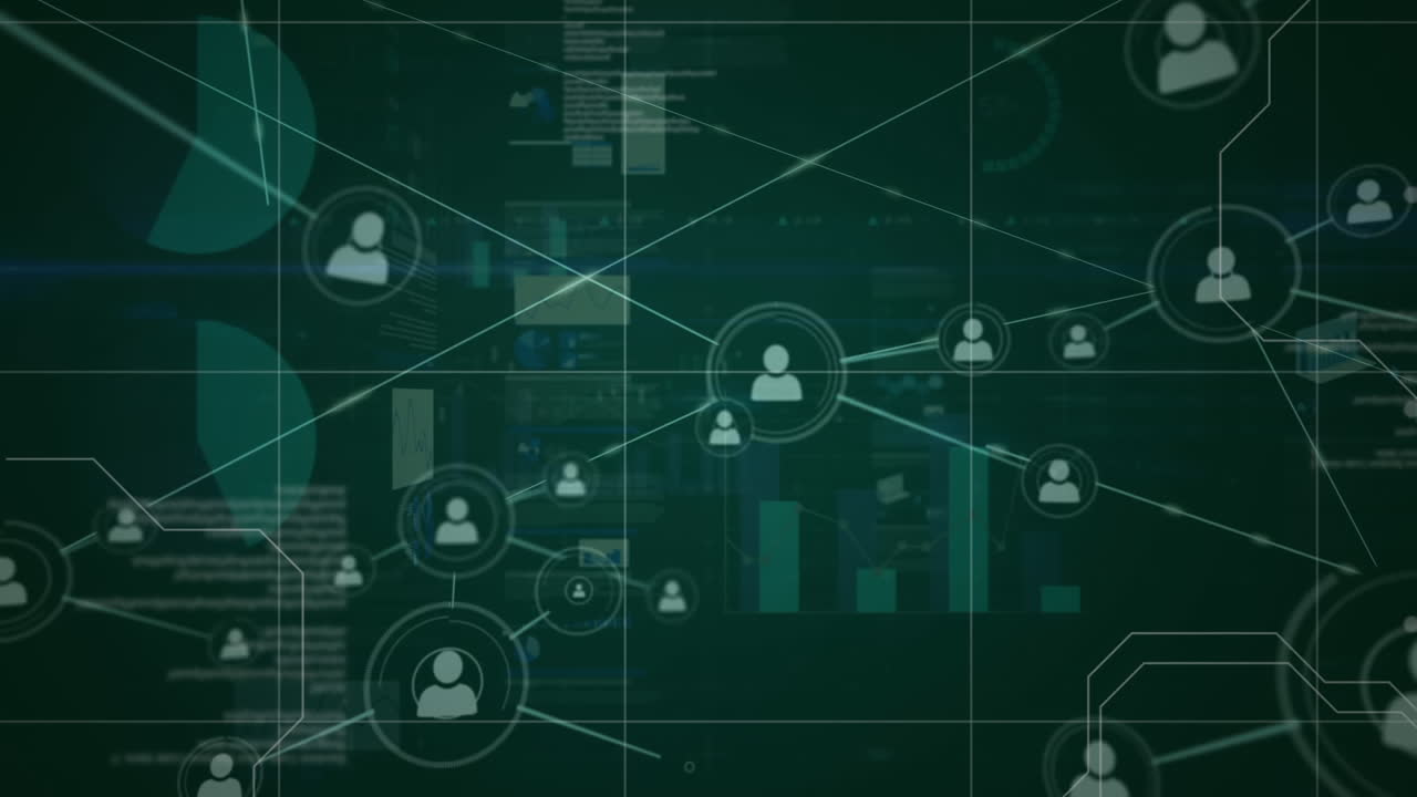 People icons, connecting lines and data in white moving on green background
