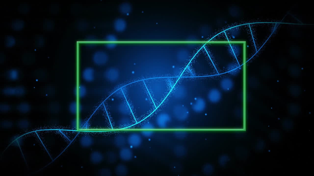Glowing DNA strand with green animation against blue bokeh background