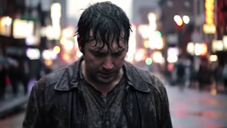 a contemplative figure stands in a rain-soaked city street, captured in two poignant frames that convey the weight of his emotions amidst vibrant urban life.
