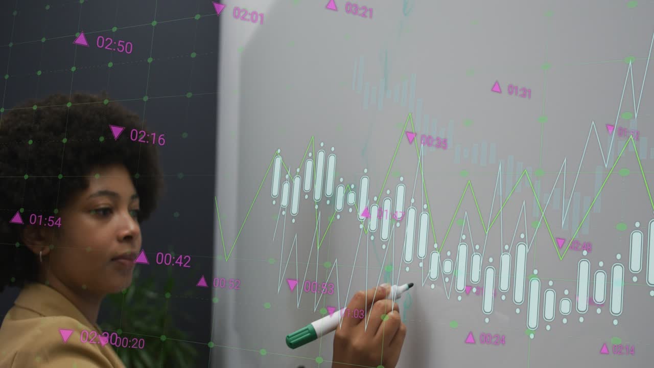 Animation of data processing against african american woman writing on whiteboard at office