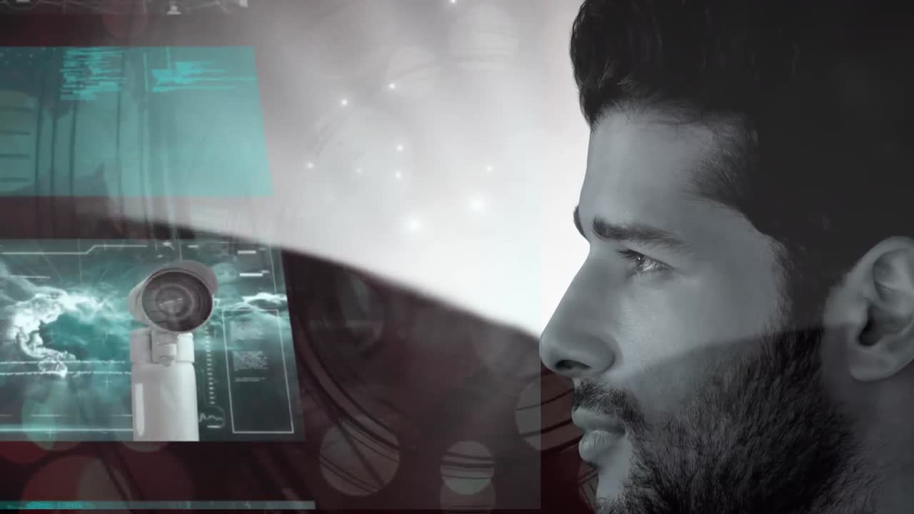 animación de pantallas y red de conexiones sobre la cara del hombre