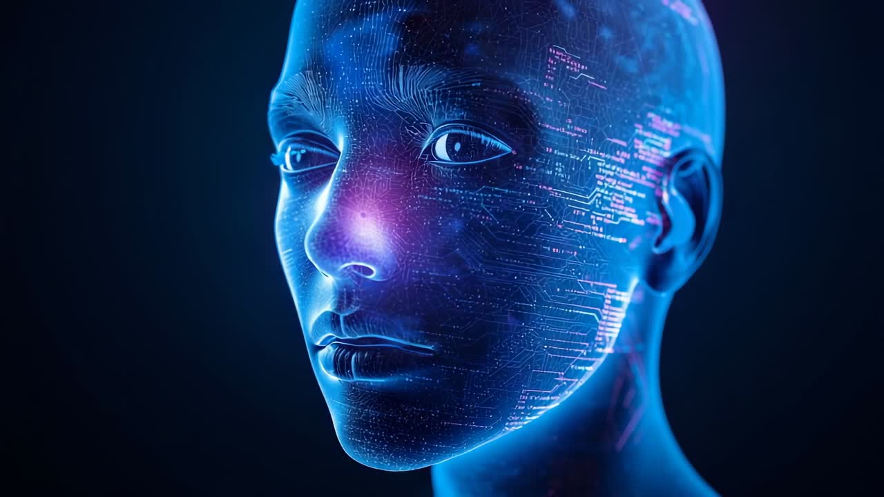 Loop causing neon head pivoting in void revealing data flow via mesh, circuitry, code fragments