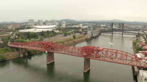 circling aerial shot over broadway bridge portland oregon