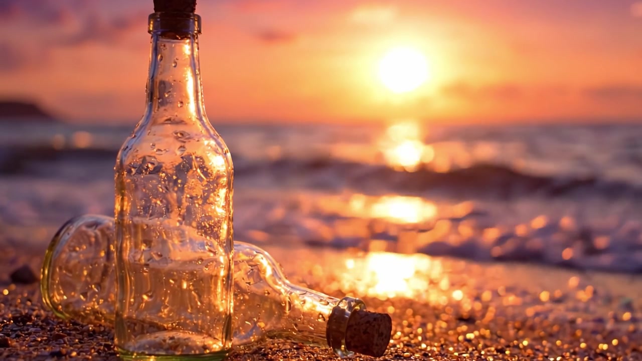 Bottiglie che brillano al tramonto: una scena accattivante di tesori di vetro dimenticati sulla battigia, illuminati dalla calda luce dorata del crepuscolo.