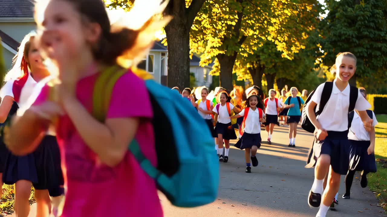 Schoolchildren Running to School