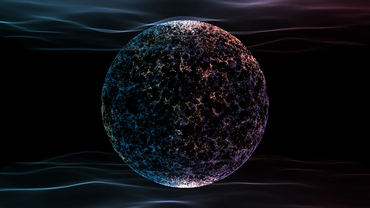 esfera brillante en la red de plexo entre las ondas que se mueven en la parte superior e inferior del fondo.